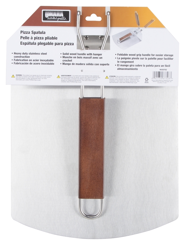 Omaha BBQ-37240B Pizza Spatula, 9-1/2 in W Blade, 1.0 mm, Stainless Steel Blade, Stainless Steel, Wood Handle