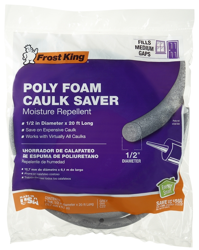 Frost King C22H Caulk Saver, 1/2 in Dia, 20 ft L, Polyfoam, Gray