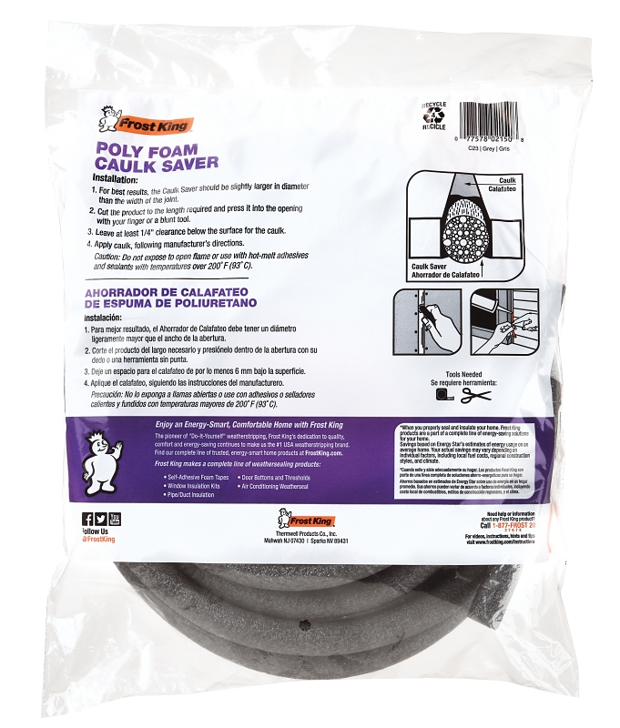 Frost King C23H Caulk Saver, 5/8 in Dia, 20 ft L, Polyfoam, Gray