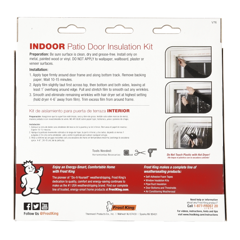 Frost King V76H Indoor Shrink Patio Door Kit, 84 in W, 110 in L, Plastic
