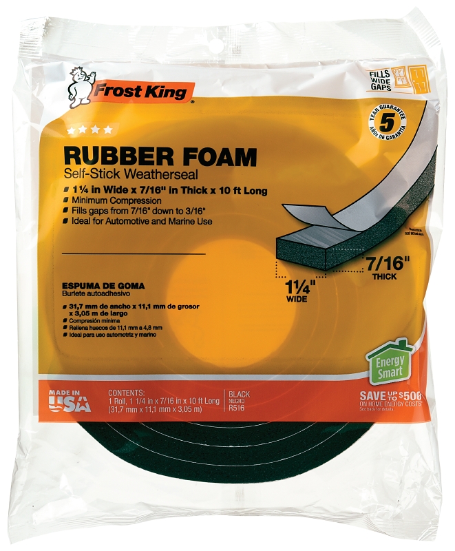 Frost King R516H Weatherseal Tape, 1-1/4 in W, 10 ft L, 7/16 in Thick, Rubber, Black