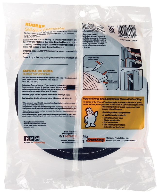 Frost King R516H Weatherseal Tape, 1-1/4 in W, 10 ft L, 7/16 in Thick, Rubber, Black
