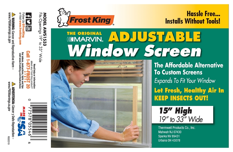 Frost King W.B. Marvin AWS1533 Window Screen, 15 in L, 19 to 33 in W, Aluminum