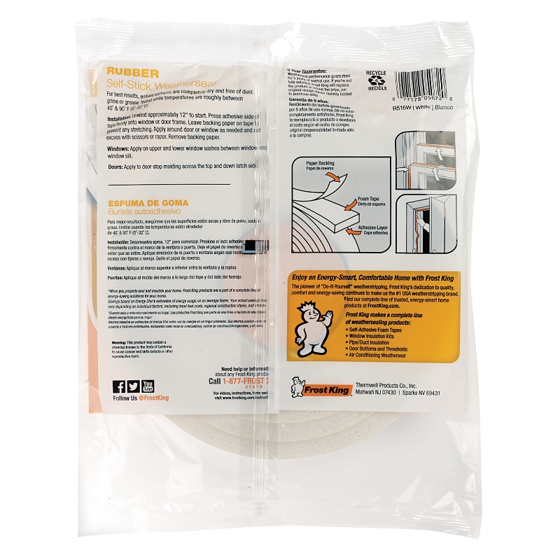 Frost King R516WH Foam Tape, 1-1/4 in W, 10 ft L, 7/16 in Thick, Rubber, White