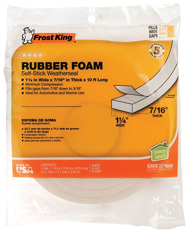 Frost King R516WH Foam Tape, 1-1/4 in W, 10 ft L, 7/16 in Thick, Rubber, White