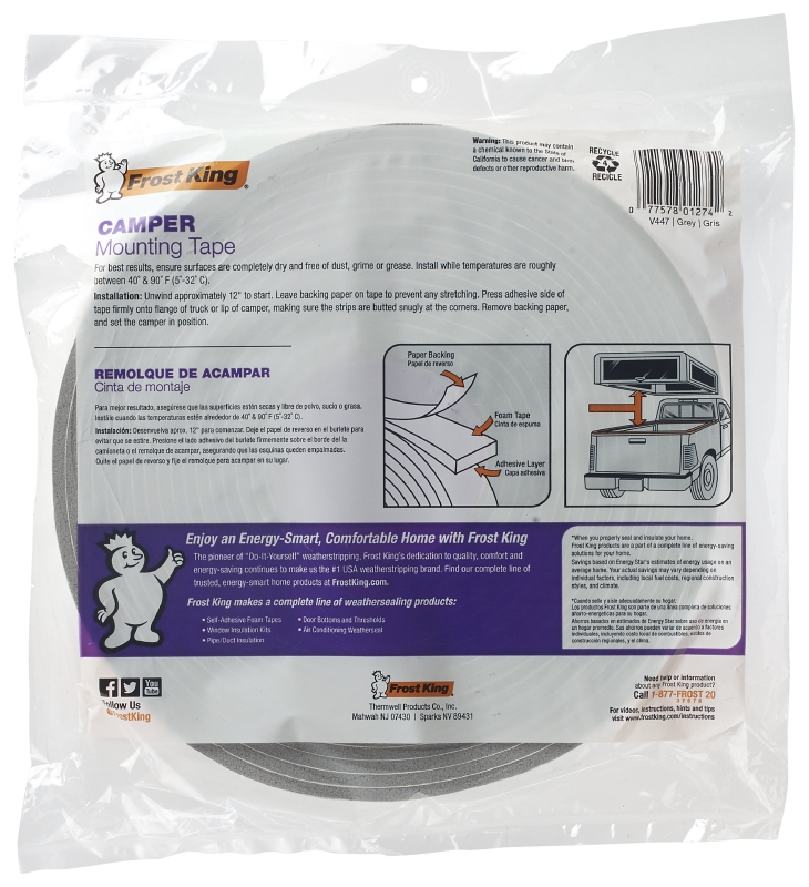 Frost King V447H Foam Tape, 1-1/4 in W, 30 ft L, 3/16 in Thick, PVC, Gray