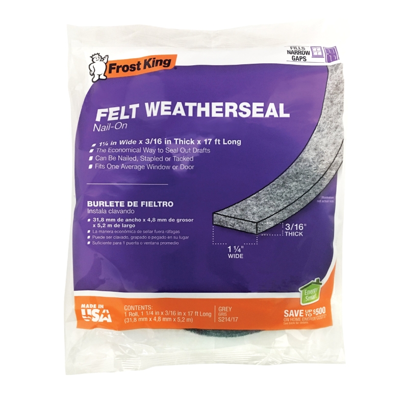 Frost King S214/17H Door Weather-Strip, 1-1/4 in W, 3/16 in Thick, 17 ft L, Felt, Gray, Nail, Tack, Staple Mounting