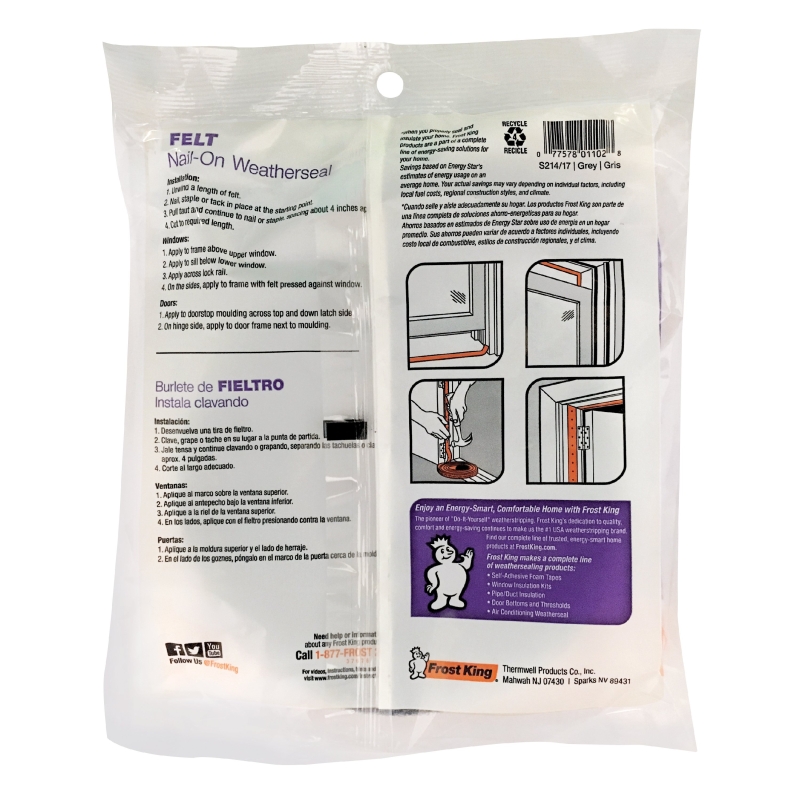 Frost King S214/17H Door Weather-Strip, 1-1/4 in W, 3/16 in Thick, 17 ft L, Felt, Gray, Nail, Tack, Staple Mounting