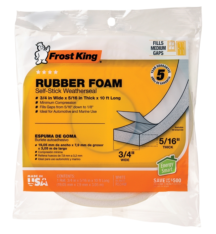 Frost King R534WH Foam Tape, 3/4 in W, 10 ft L, 5/16 in Thick, Rubber, White
