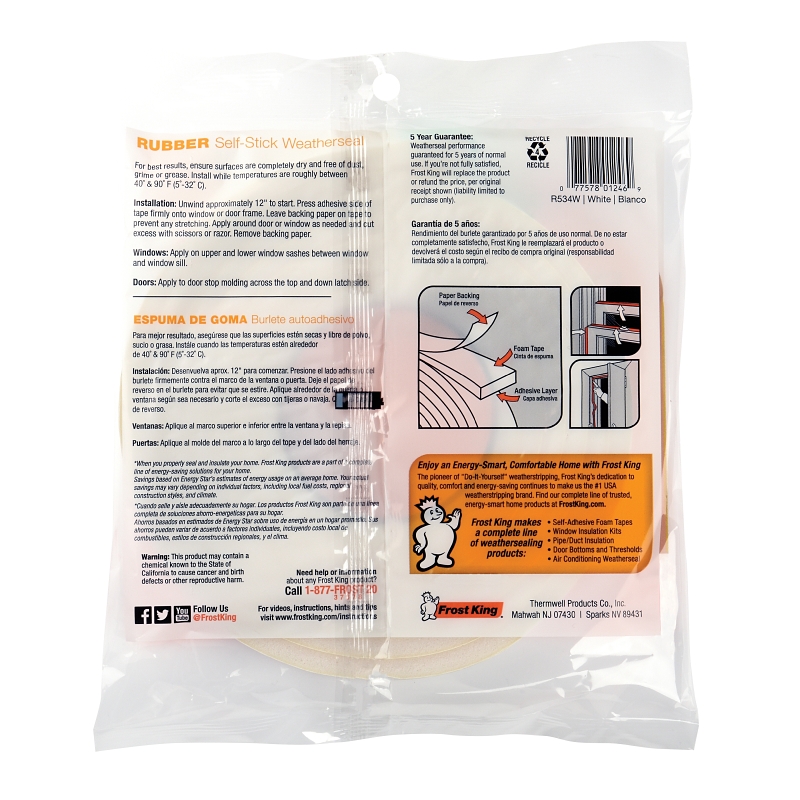 Frost King R534WH Foam Tape, 3/4 in W, 10 ft L, 5/16 in Thick, Rubber, White
