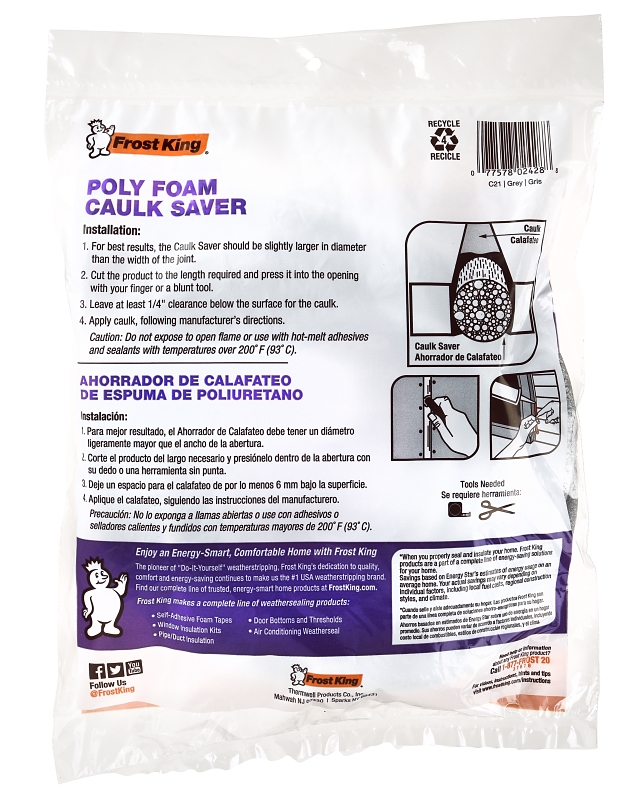 Frost King C21H Caulk Saver, 3/8 in Dia, 20 ft L, Polyfoam, Gray