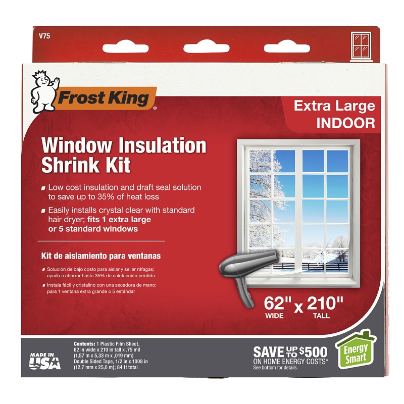 Frost King V75H Indoor Shrink Window Kit, 62 in W, 0.75 mil Thick, 210 in L, Plastic, Crystal Clear, 1/PK
