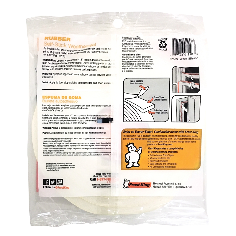 Frost King R734WH Foam Tape, 3/4 in W, 10 ft L, 7/16 in Thick, Rubber, White