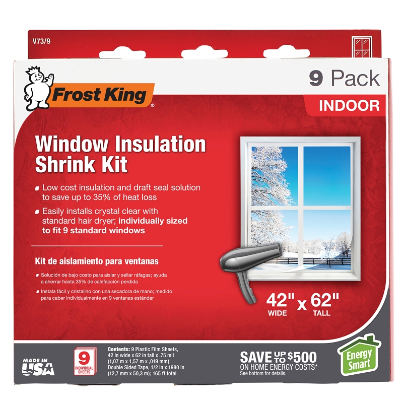 Frost King V73/9H Indoor Shrink Window Kit, 42 in W, 0.75 mil Thick, 5.2 ft L, Plastic, Clear