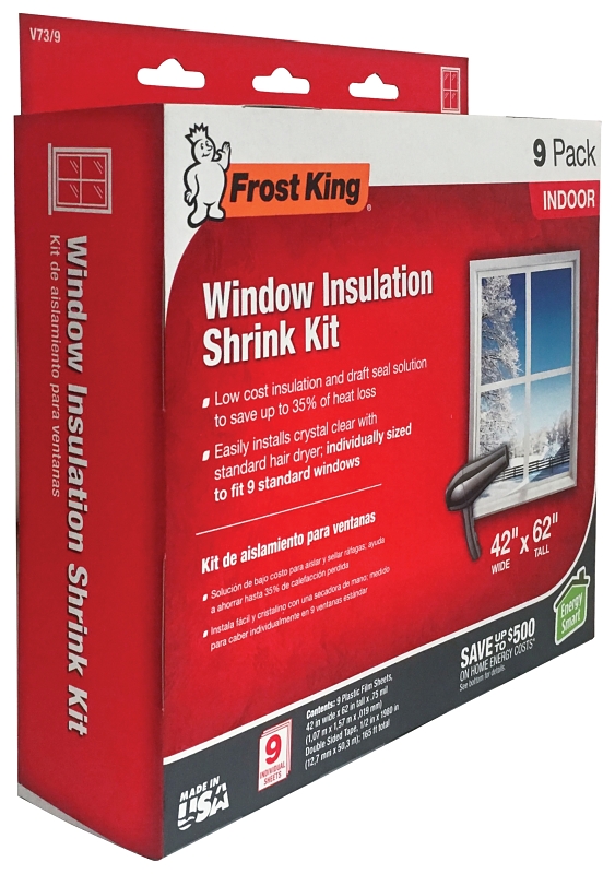 Frost King V73/9H Indoor Shrink Window Kit, 42 in W, 0.75 mil Thick, 5.2 ft L, Plastic, Clear