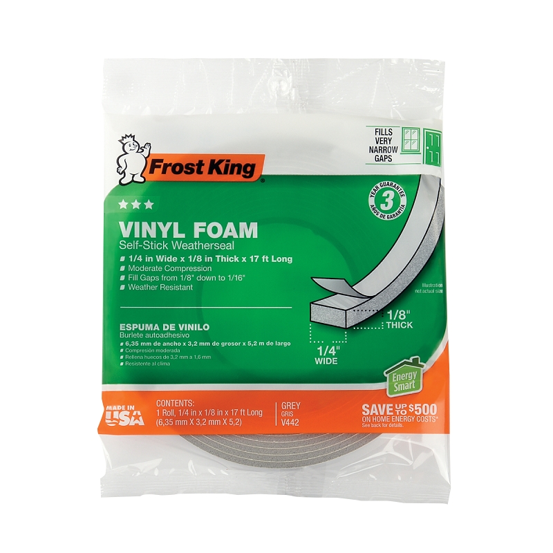 Frost King V442H Foam Weatherseal Tape, 1/4 in W, 17 ft L, 1/8 in Thick, Vinyl, Gray