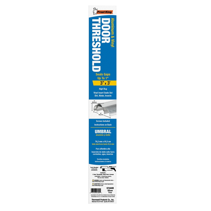 Frost King ST26HRA Series Top Threshold, 1 in H, 36 in L, 3 in W, Aluminum/Vinyl, Silver