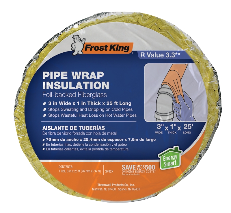 Frost King SP42X/18 Pipe Wrap Kit, 25 ft L, 3 in W, 1 in Thick, 3.3 R-Value, Fiberglass