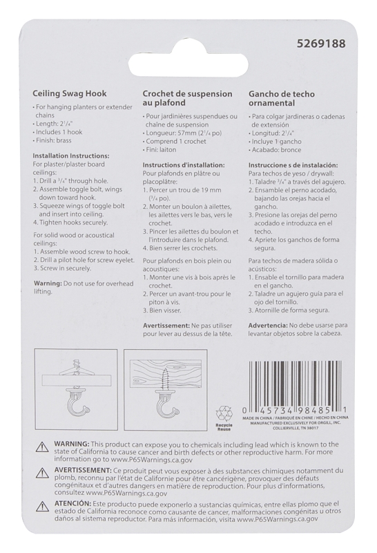 Landscapers Select GB0083L Ceiling Hook, 2-3/16 in H, Zinc, Brass, Ceiling Mount Mounting