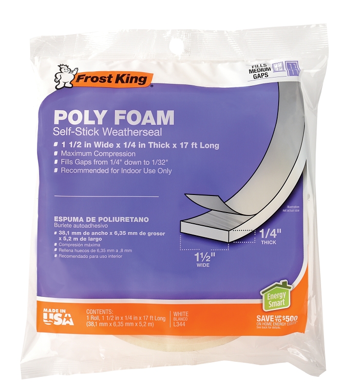 Frost King L344H Foam Tape, 1-1/2 in W, 17 ft L, 1/4 in Thick, Polyfoam, White