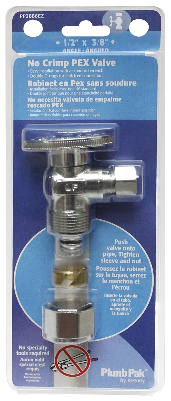 Plumb Pak PP2886EZ No Crimp Angle Stop Valve, 1/2 x 3/8 in Connection, PEX Barb x Compression, Brass Body