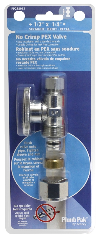 Plumb Pak PP2889EZ No Crimp Straight Stop Valve, 1/2 x 1/4 in Connection, PEX Barb x Compression, Brass Body