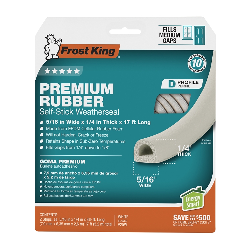 Frost King V25WA Weatherseal Tape, 5/16 in W, 17 ft L, EPDM Rubber, White