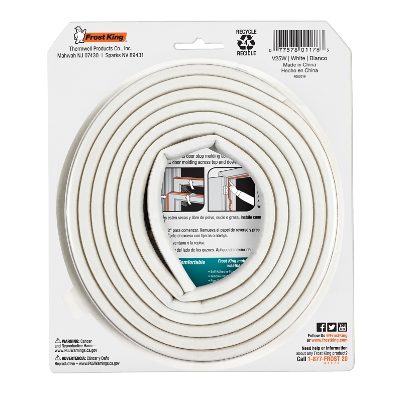 Frost King V25WA Weatherseal Tape, 5/16 in W, 17 ft L, EPDM Rubber, White