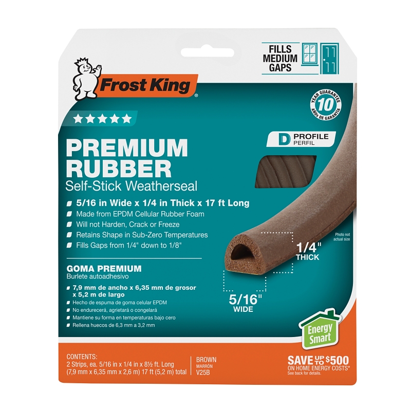 Frost King V25BA Weatherseal, 5/16 in W, 17 ft L, EPDM Rubber, Brown