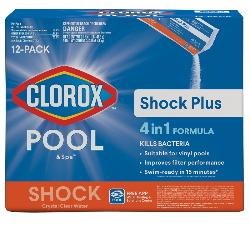 Clorox POOL & Spa Shock Plus 32612CLX Pool Chemical, 1 lb Bag, Solid, Chlorine, White, 12/PK