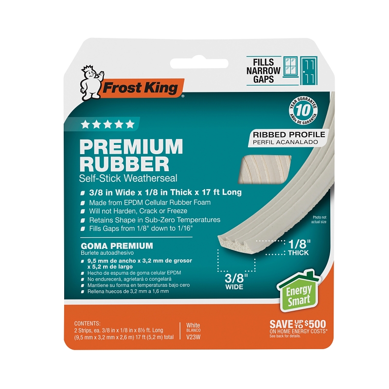 Frost King V23WA Foam Weatherseal Tape, 3/8 in W, 17 ft L, 1/8 in Thick, Rubber, White