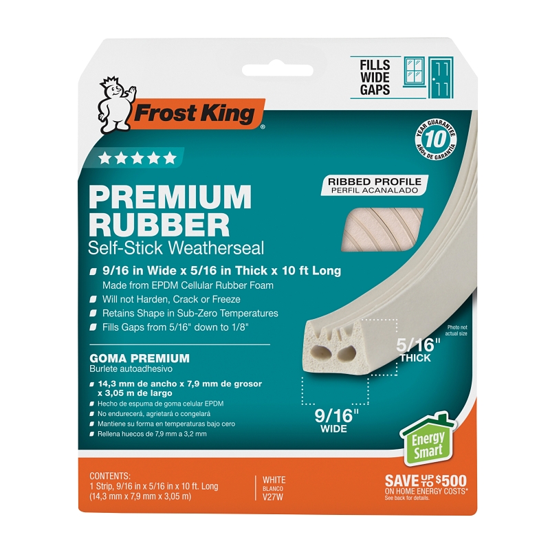 Frost King V27WA Weatherseal, 9/16 in W, 10 ft L, EPDM Rubber, White