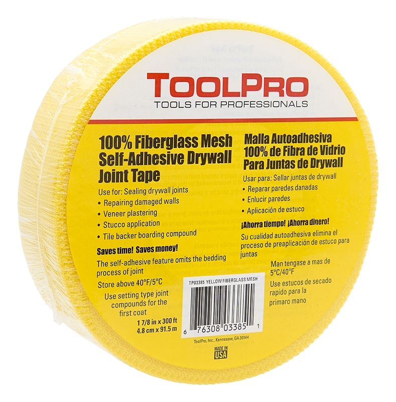 Toolpro TP03385 Mesh Tape, Self-Adhesive, 300 ft L, 1-7/8 in W, Fiberglass, Yellow
