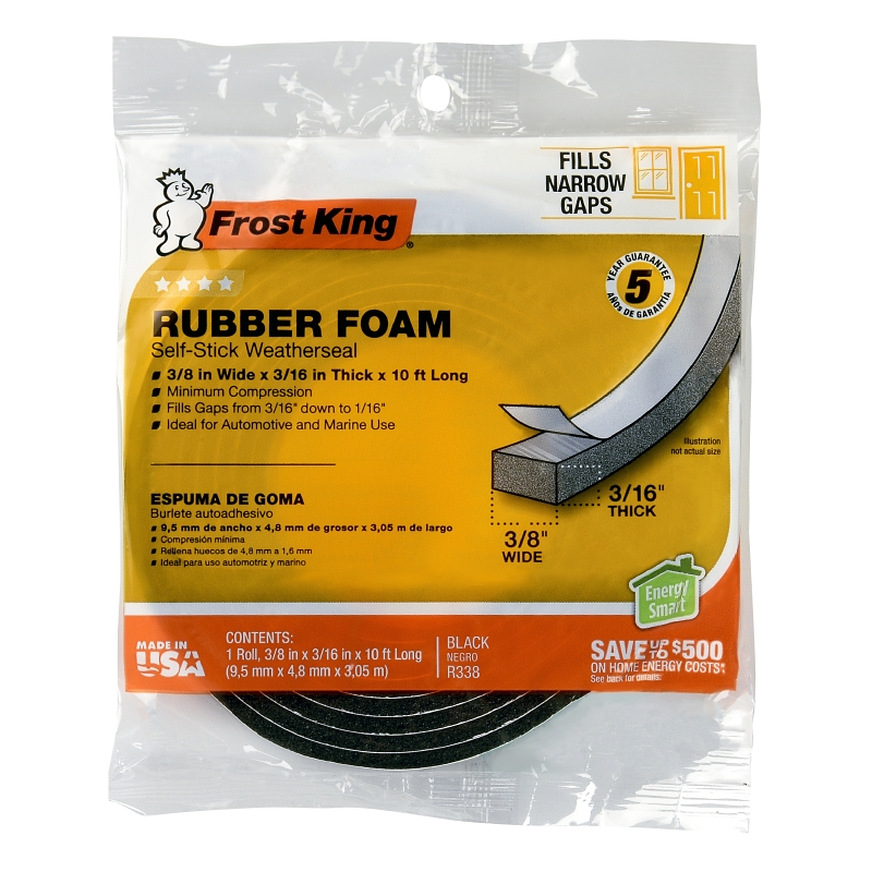 Frost King R338H Foam Tape, 3/8 in W, 10 ft L, 3/16 in Thick, Rubber, Black
