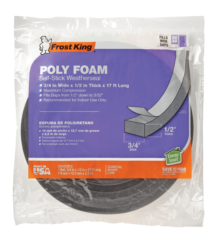 Frost King L346 Foam Tape, 3/4 in W, 17 ft L, 1/2 in Thick, Polyfoam, Charcoal