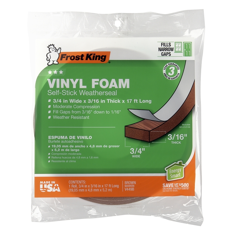 Frost King V449BH Weatherseal Tape, 3/4 in W, 17 ft L, 3/16 in Thick, Vinyl Foam, Brown