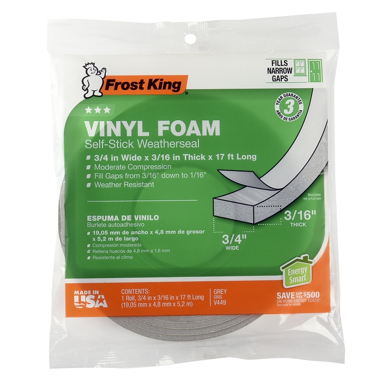 Frost King V449H Weatherseal Tape, 3/4 in W, 17 ft L, 3/16 in Thick, Vinyl Foam, Gray