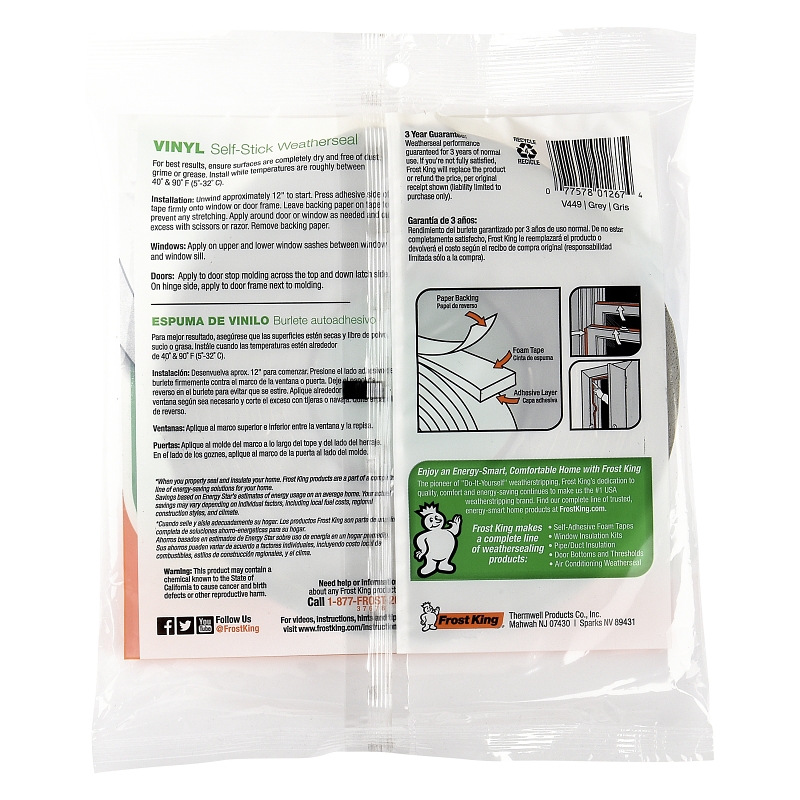 Frost King V449H Weatherseal Tape, 3/4 in W, 17 ft L, 3/16 in Thick, Vinyl Foam, Gray