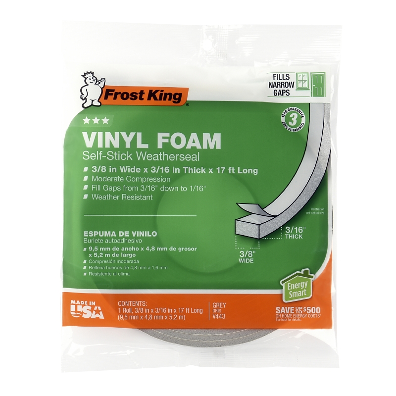 Frost King V443H Foam Tape, 3/8 in W, 17 ft L, 3/16 in Thick, Vinyl, Gray