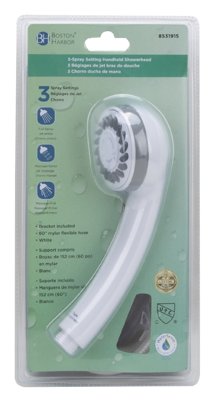 Boston Harbor DS3068WH Hand-Held Shower Head, 1.75 (6.6) 80 gpm (L/MIN) psi, 1/2-14 NPT Connection, Threaded, PVC