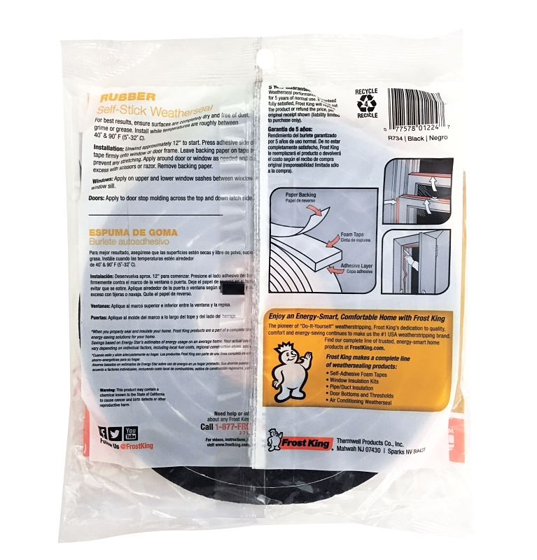 Frost King R734H Foam Tape, 3/4 in W, 10 ft L, 7/16 in Thick, Rubber, Black