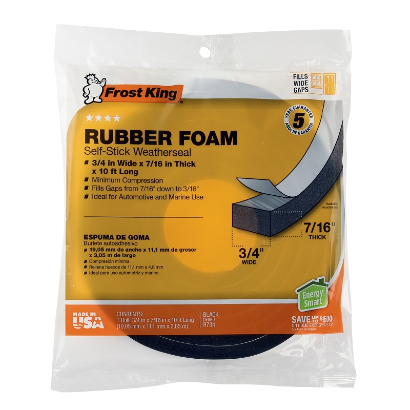 Frost King R734H Foam Tape, 3/4 in W, 10 ft L, 7/16 in Thick, Rubber, Black