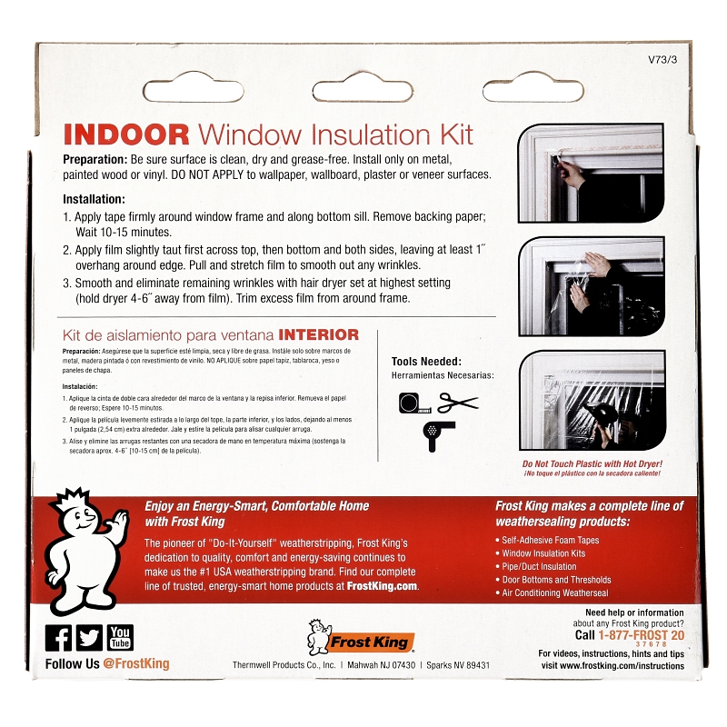 Frost King V73/3H Indoor Shrink Window Kit, 42 in W, 0.75 mil Thick, 62 in L, Plastic, Clear, 3/PK