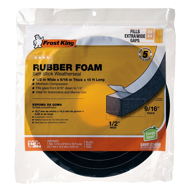 Frost King R930H Weatherseal Tape, 1/2 in W, 10 ft L, 9/16 in Thick, Rubber Foam, Black