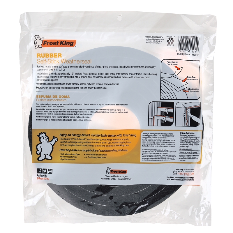 Frost King R930H Weatherseal Tape, 1/2 in W, 10 ft L, 9/16 in Thick, Rubber Foam, Black