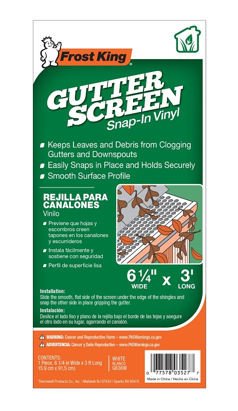 Frost King G636W Gutter Screen, 3 ft L, 6-5/8 in W, Vinyl, White
