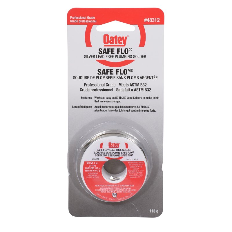 Oatey Safe-Flo 48312 Wire Solder, 113 g Carded, Solid, Silver Gray, 215 to 237 deg C Melting Point