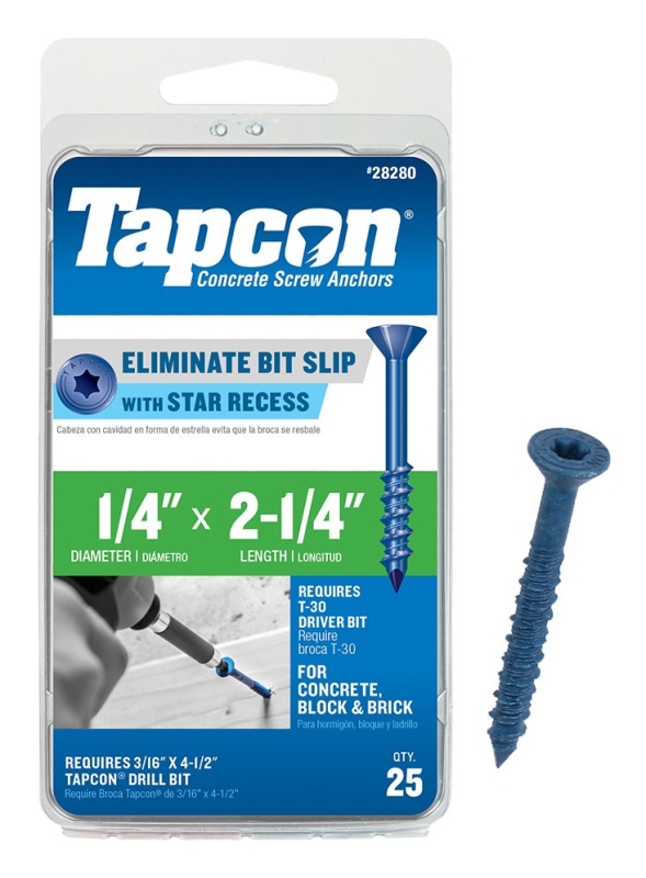 Tapcon 28280 Concrete Screw Anchor, T30 Screw, 1/4 in Dia, 2-1/4 in L, Steel, Climaseal, 25/PK