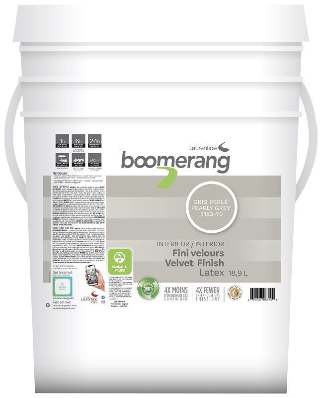 Boomerang 5183 Series 5183-70L34 Interior Paint, Velvet, Pearly Gray, 18.9 L Pail, 40 sq-m Coverage Area
