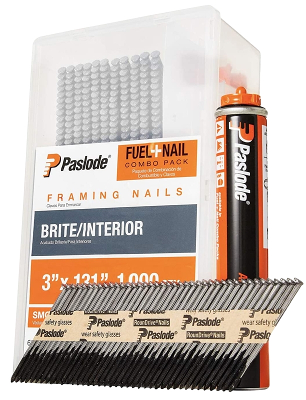 Paslode 650525 Framing Fuel and Nail Combo Pack, Tape Collation, 3 in L, Low Carbon Steel, 0.13 in Diameter
